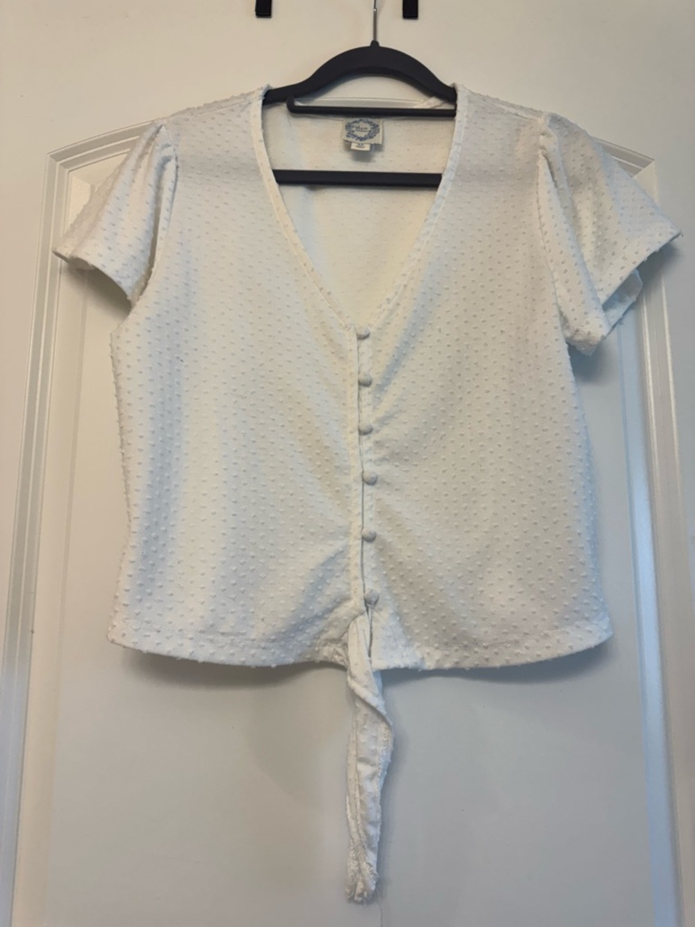 Blue Rain White Textured Button Tie Front Blouse